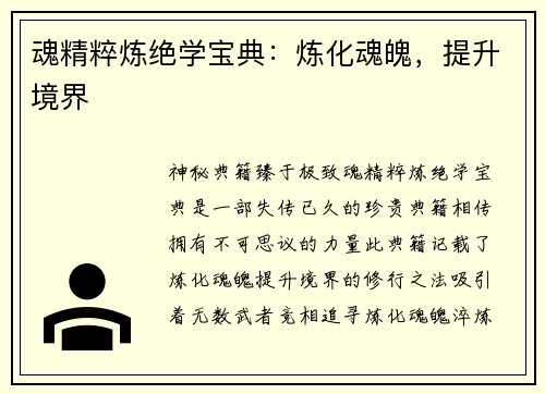 魂精粹炼绝学宝典：炼化魂魄，提升境界
