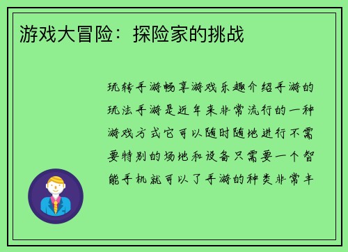 游戏大冒险：探险家的挑战