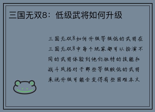 三国无双8：低级武将如何升级