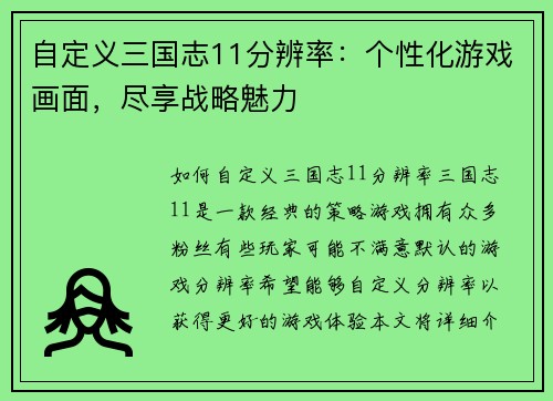 自定义三国志11分辨率：个性化游戏画面，尽享战略魅力