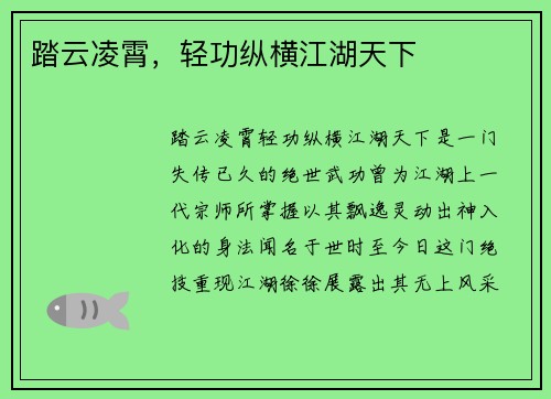 踏云凌霄，轻功纵横江湖天下